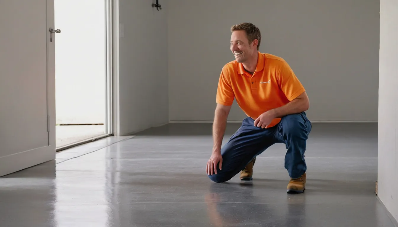 A freshly coated concrete floor in a bright home space near Johns Creek, with a provider checking the finish